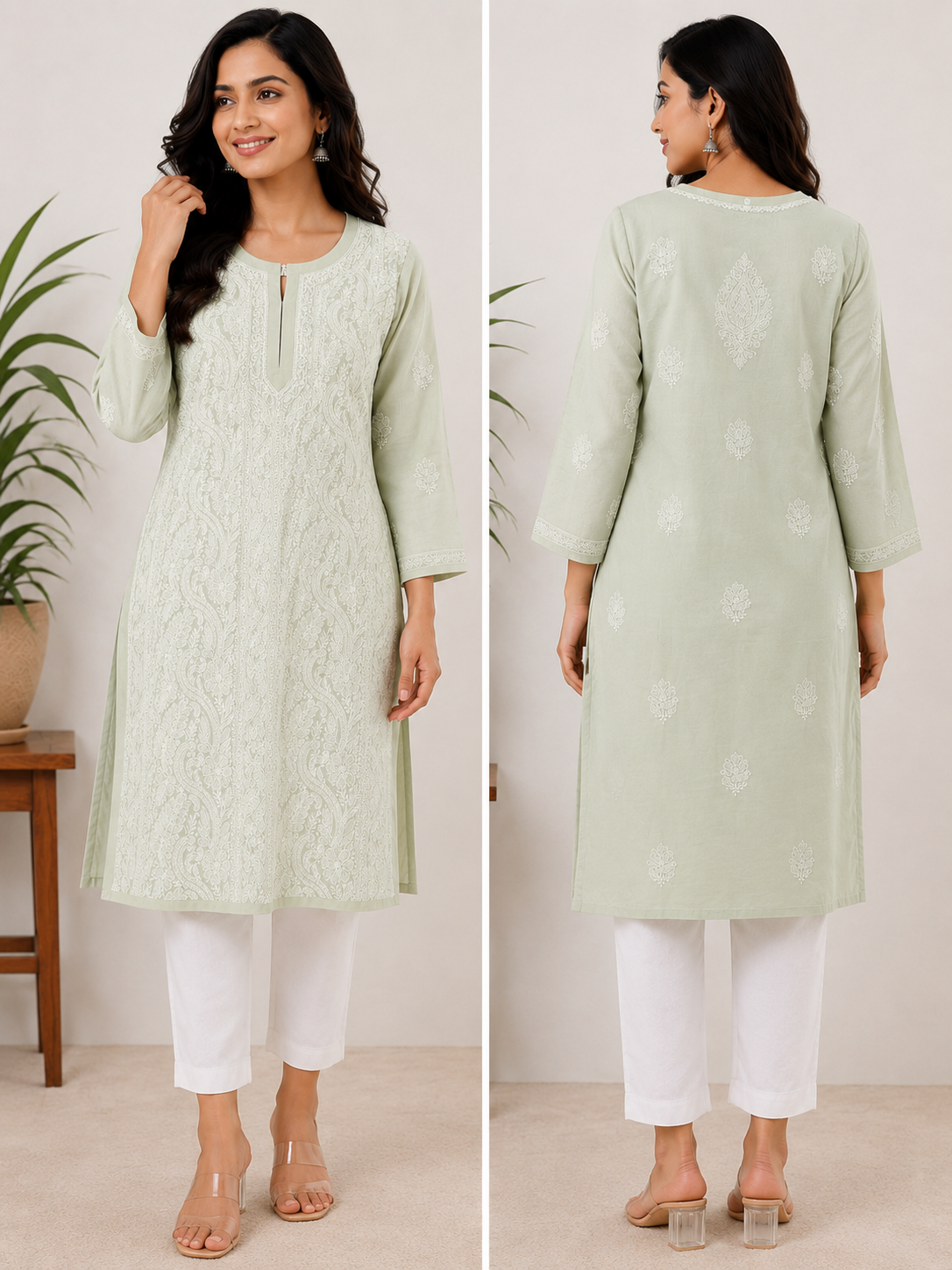 Woman wearing a light green kurta with white pants, shown from front and back views.